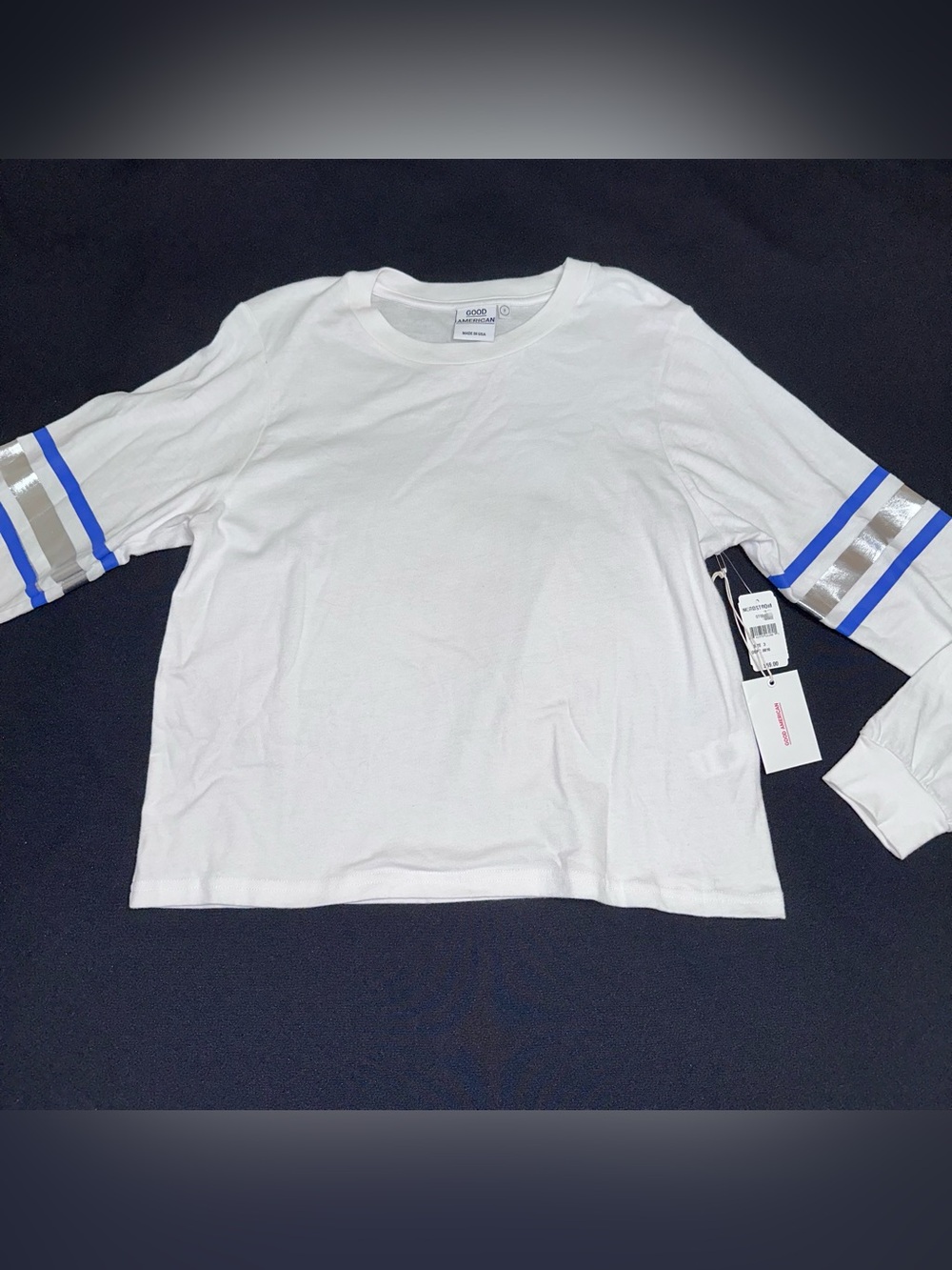 Good American White Long Sleeve Tee with Blue & Silver Sleeve Stripes size 3 NWT